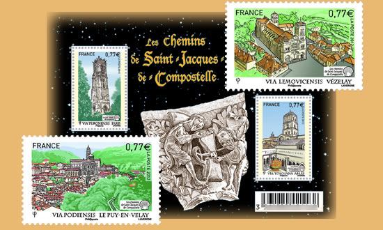 Le pélerinage vers Saint-Jacques-de-Compostelle avec ses quatre villes de départ représentées sur les timbres Le pélerinage vers Saint-Jacques-de-Compostelle avec ses quatre villes de départ représentées sur les timbres