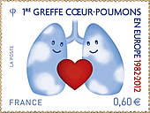 Timbre gomm sur les 30 ans de la 1ere greffe coeur-poumons. Valeur faciale : 0,60 euros.