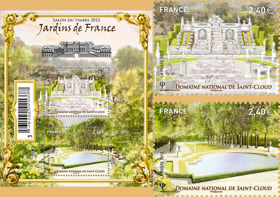 Jardins de France Domaine National de Saint-Cloud. Le timbre du haut illustre la grande cascade et le timbre du bas reprsente le bassin des trois bouillons.