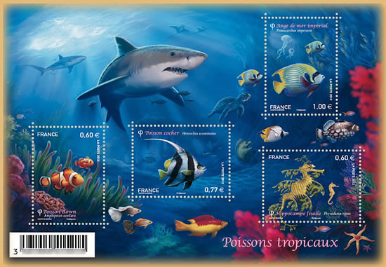 La poste met le 20 avril 2012 un bloc de 4 timbres consacr aux poissons tropicaux.