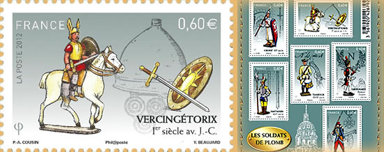 Bloc-feuillet de six timbres-poste consacrs aux soldats de plomb. Vercingtorix 1er sicle avant J.C.