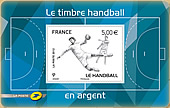 Timbre autocollant en argent reprsentant un joueur de handball. Valeur faciale : 5 euros.